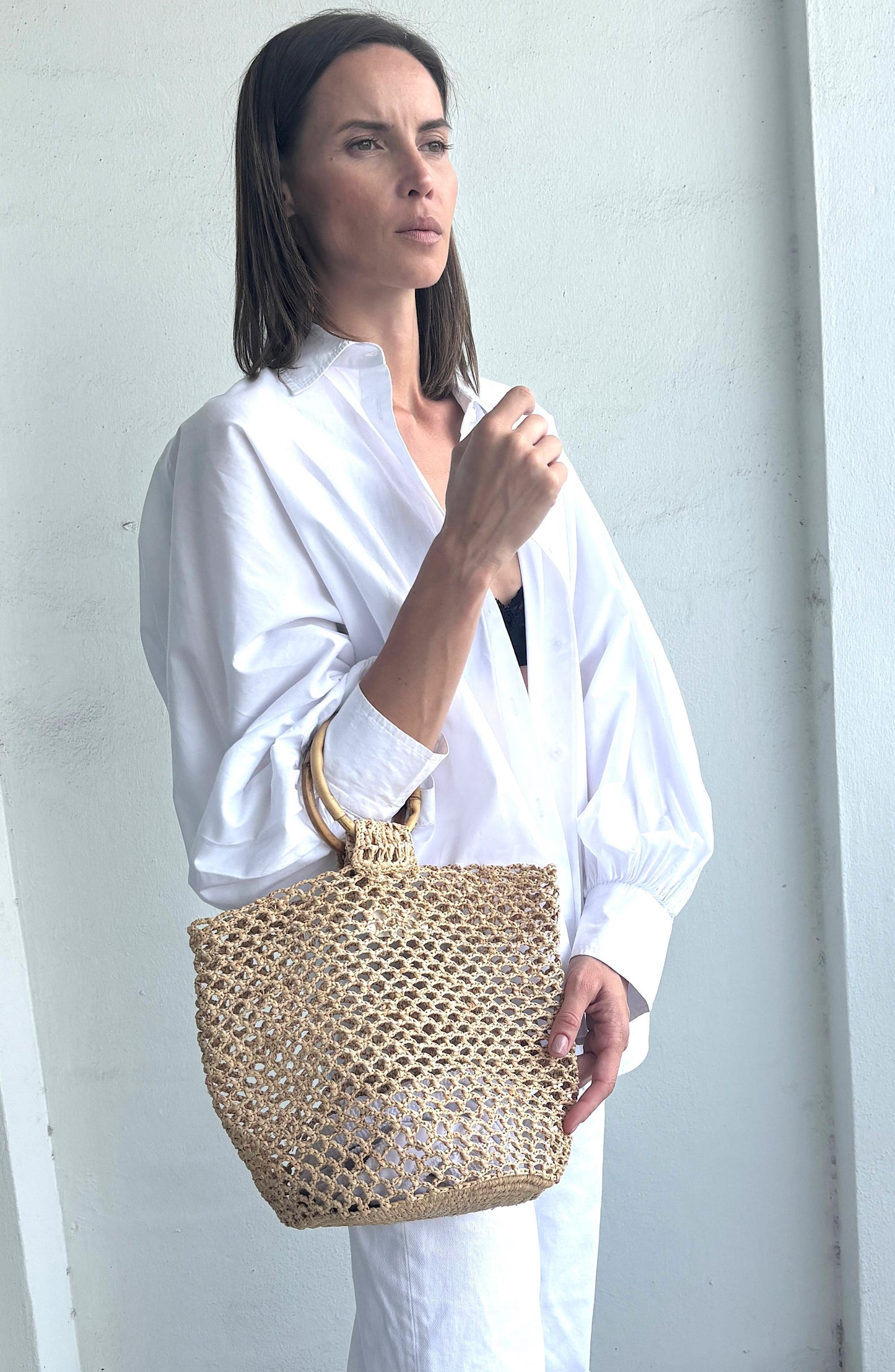 ADORNIA | Knotty Bamboo Ring Top Raffia Tote Bag