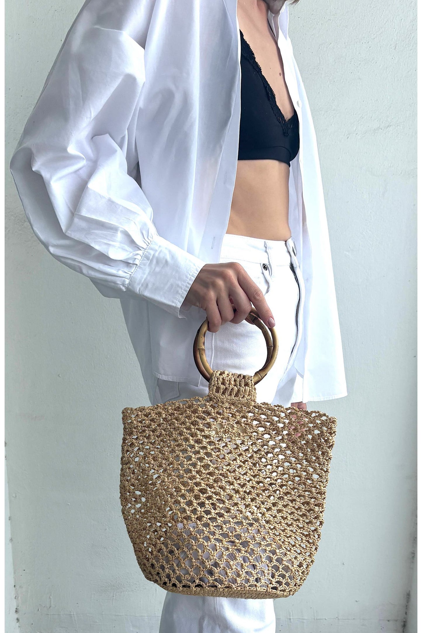 ADORNIA | Knotty Bamboo Ring Top Raffia Tote Bag