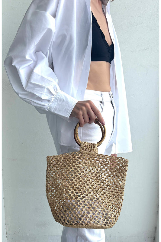 ADORNIA | Knotty Bamboo Ring Top Raffia Tote Bag